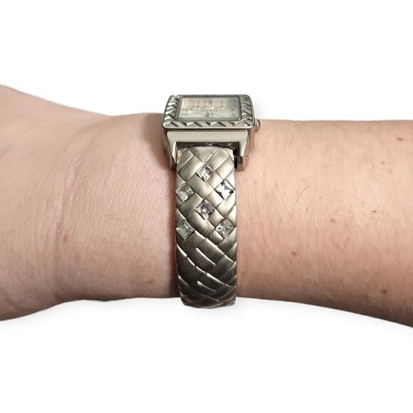Geneva Silver-tone Basket Weeve & Crystal Open Cuff Watch - Picture 8 of 13
